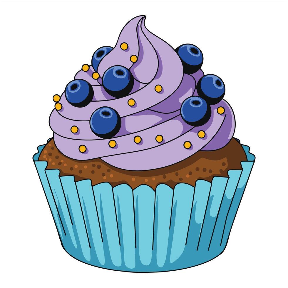 Sweet blueberry cream cupcake, sugar sprinkles on chocolate base. Flat art for bakery, pastries, and dessert concepts. vector
