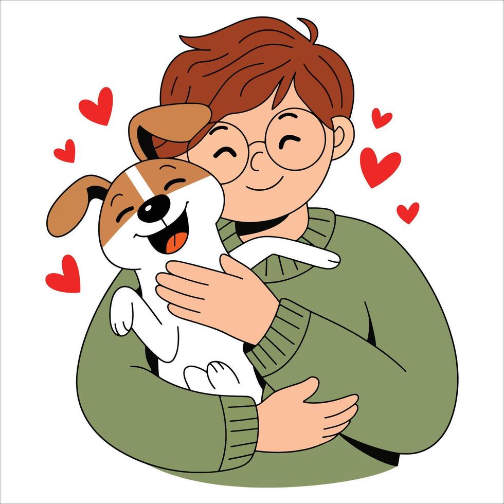 Cartoon illustration of boy hugging dog with joy. Ideal for children designs, pet friendship visuals, and heartwarming emotional themes. vector