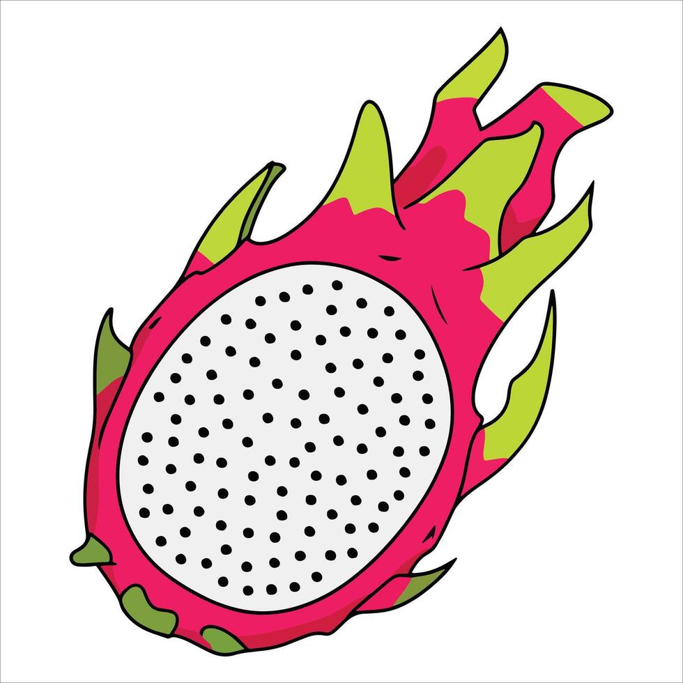 Dragon fruit close up with spiky red and green skin on white background. Ideal for nutrition guides, smoothie designs, and tropical fruit collections. vector