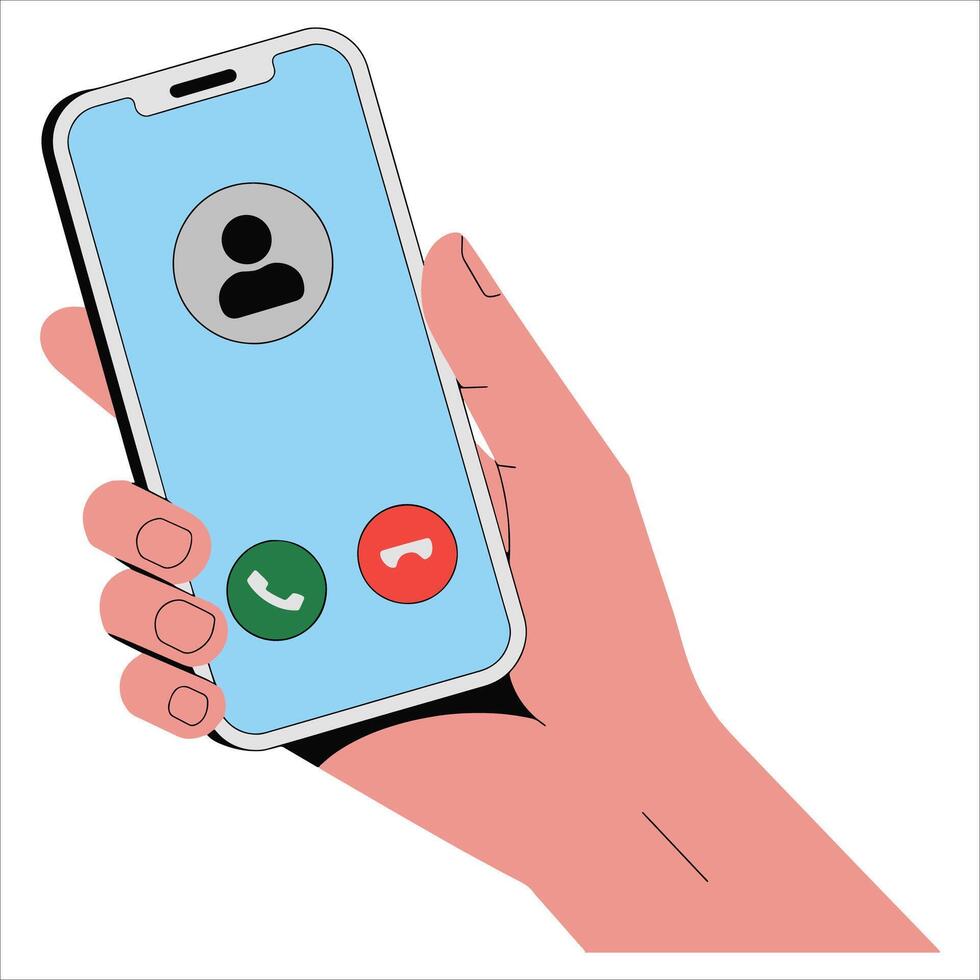 Incoming call on mobile phone, human hand holding device. flat icon of unknown caller with answer or decline options, isolated on white. vector