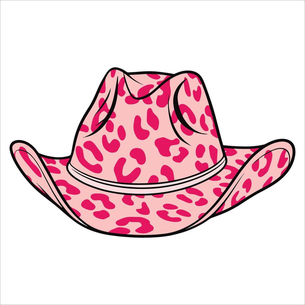 Pink cow print cowgirl hat in Wild West style, flat cartoon design. Perfect for western, Texas, and ranch themed concepts and illustrations. vector
