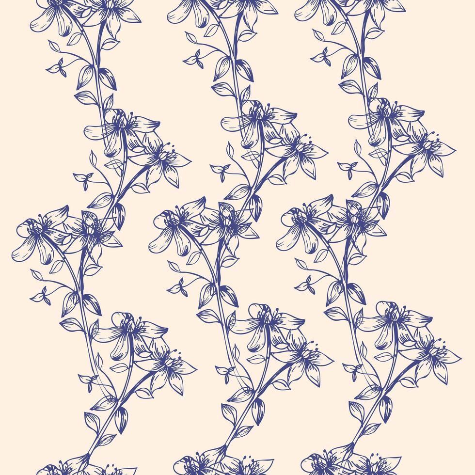 Field medical herb flowers ink seamless pattern. Hand drawn floral background with Saint John Wort blooming elements. Romantic botanical repeated clipart for textile, fabric design. Victorian vector