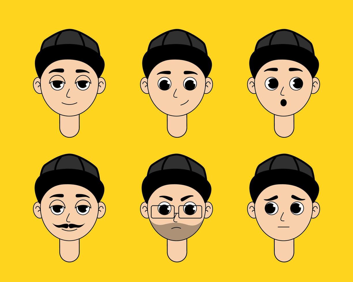 Cartoon Male Avatar Set with Black Cap Facial Expressions Pack Emotions and Characters for Animation, UI, Game, Chatbot, Social Profile Design Illustration vector
