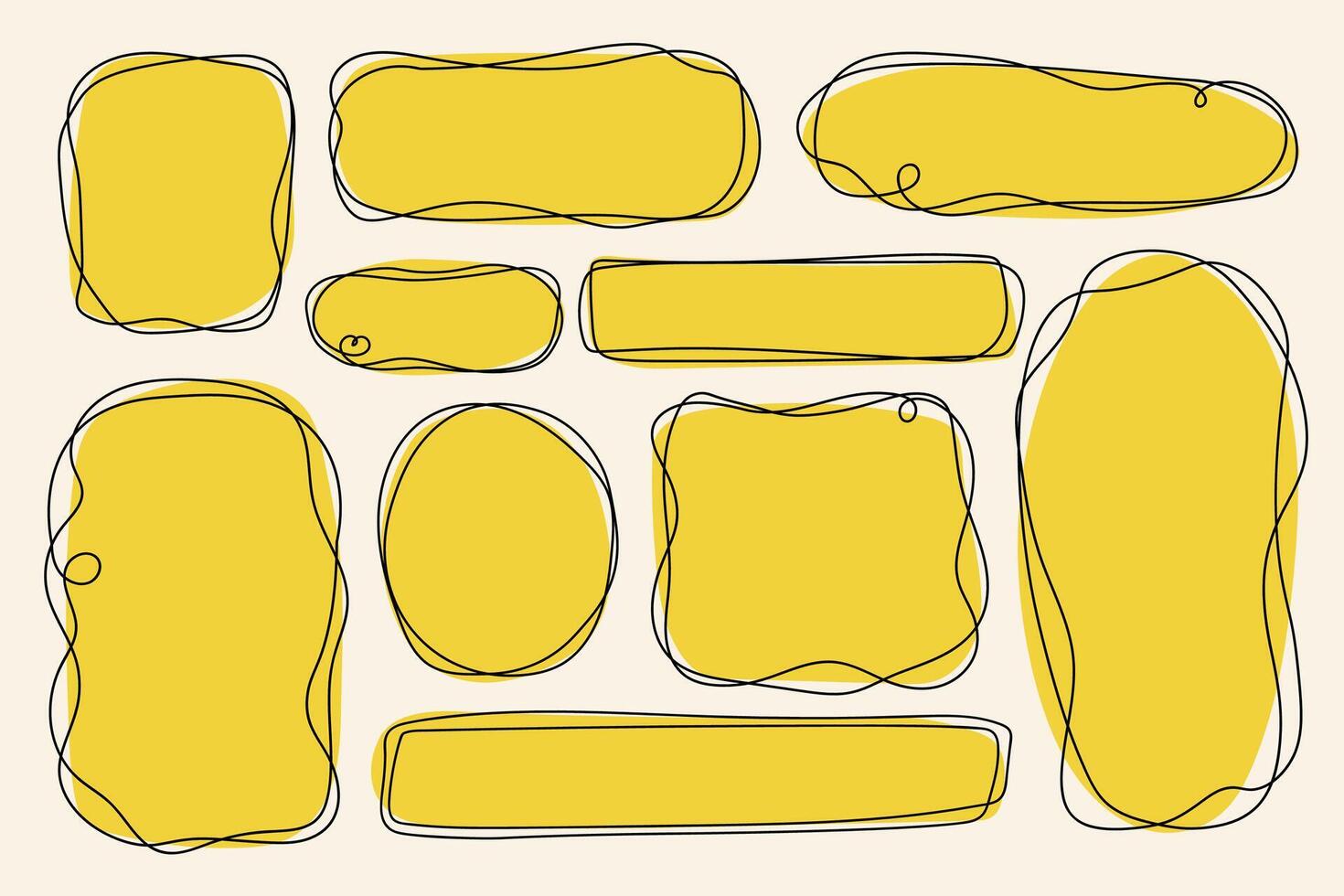 Yellow abstract hand drawn shapes with sketch style outline doodles modern geometric frames artistic irregular blobs isolated vector