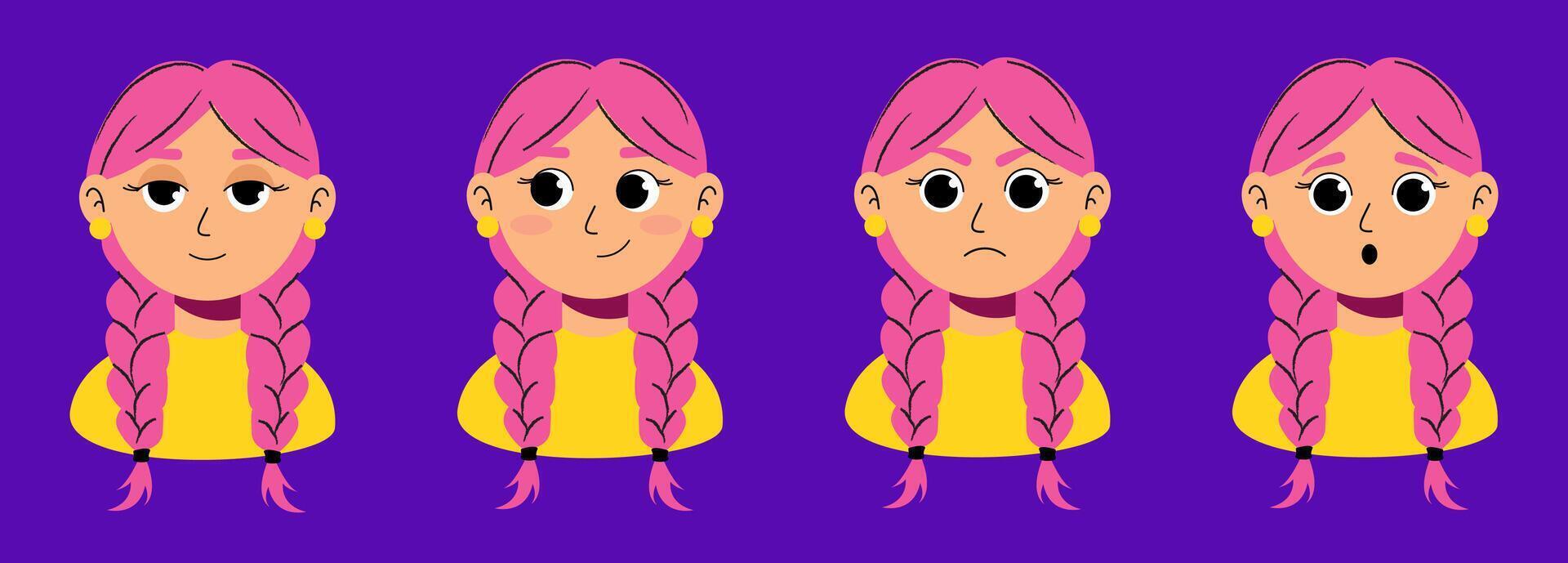 Cartoon set of facial expressions of a girl with pink hair and two pigtails, with various emotions for animation and character design vector
