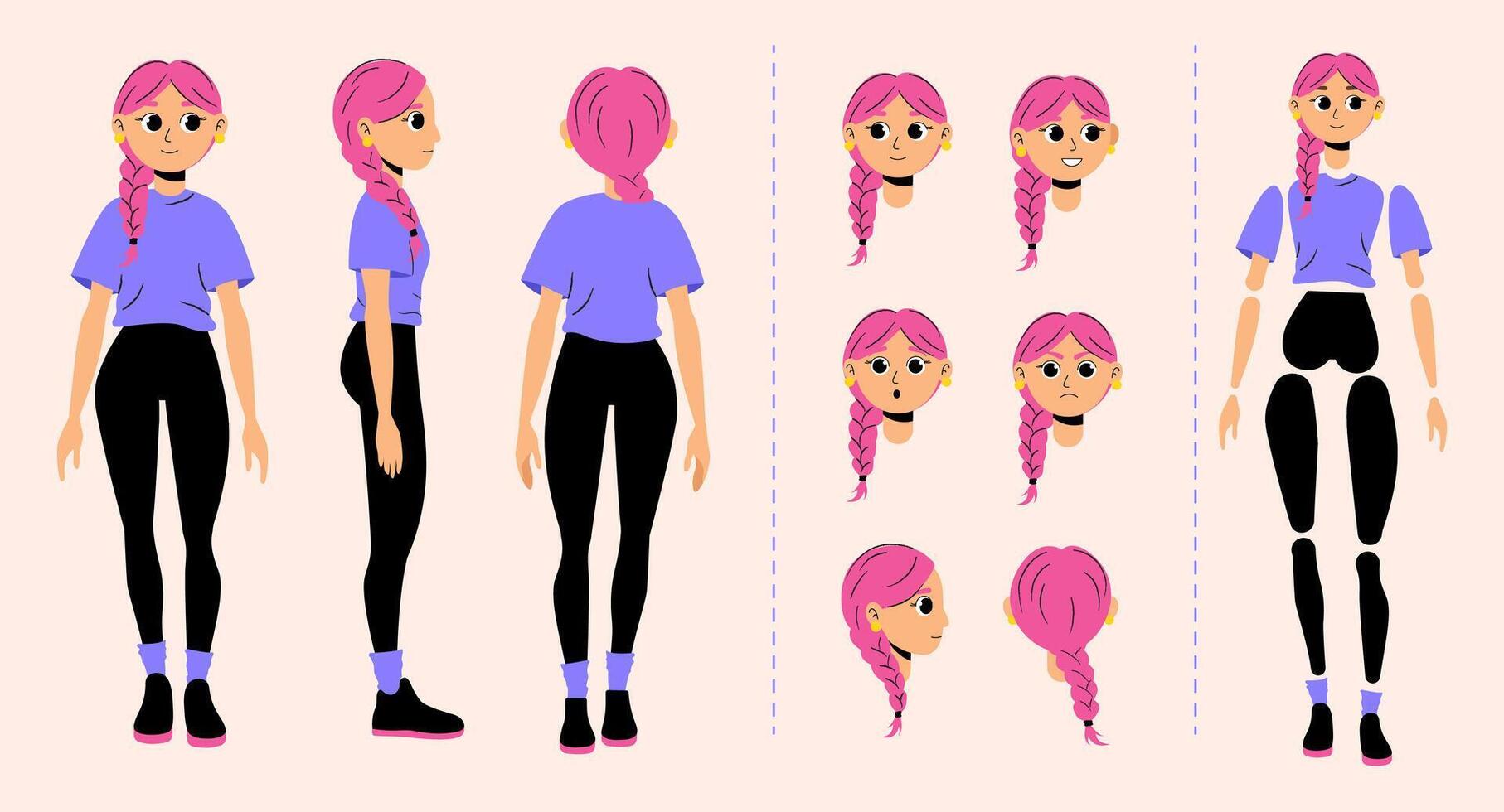 Complete set for creating a female character with several faces and limbs for animation kit and creative design. Female character ready for animation with pink hair and braid vector
