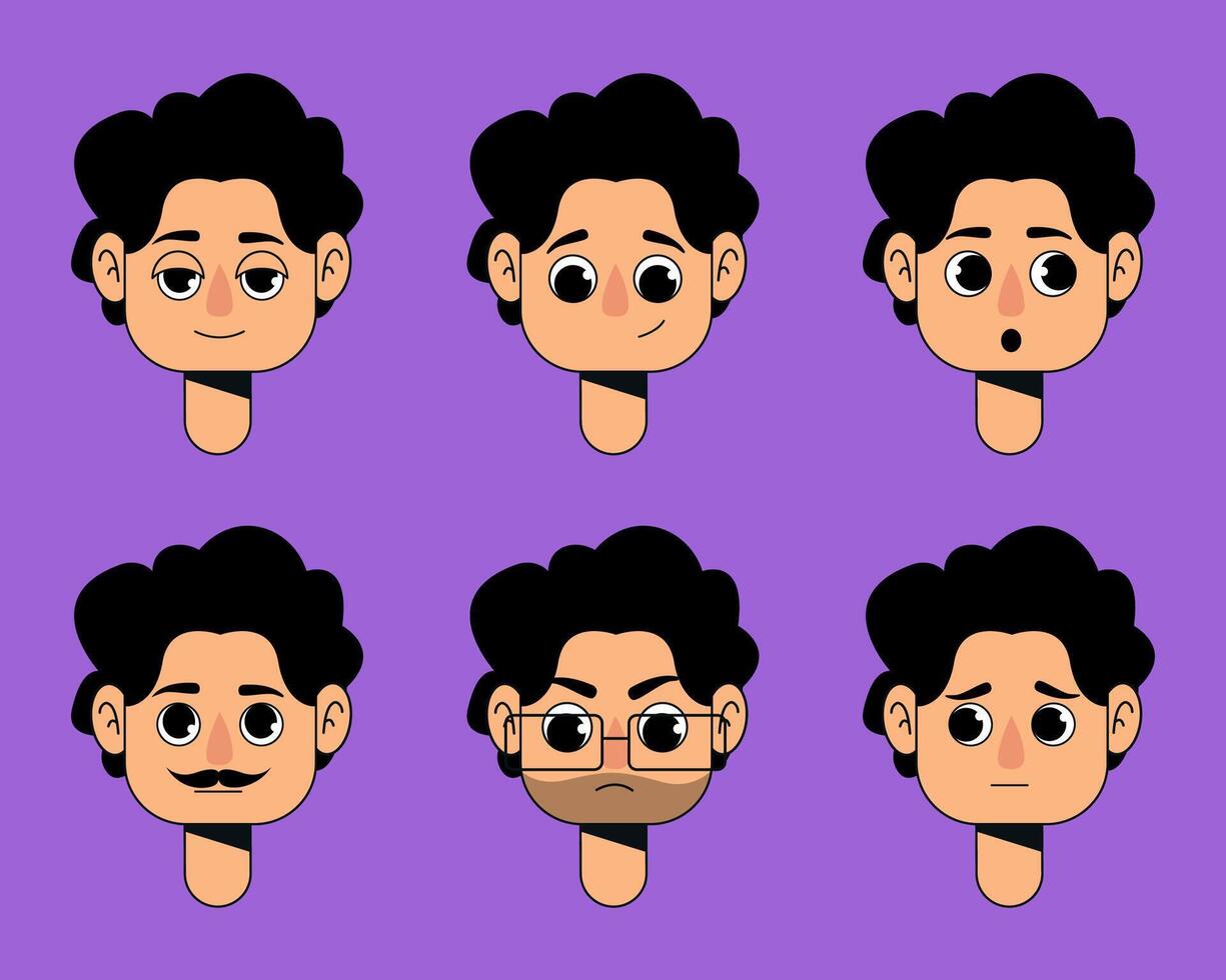 Curly Haired Cartoon Man Avatar Pack Emotional Face Expressions Flat Character for App, Game, UI, Social Media, Animation, and Chatbot Use vector