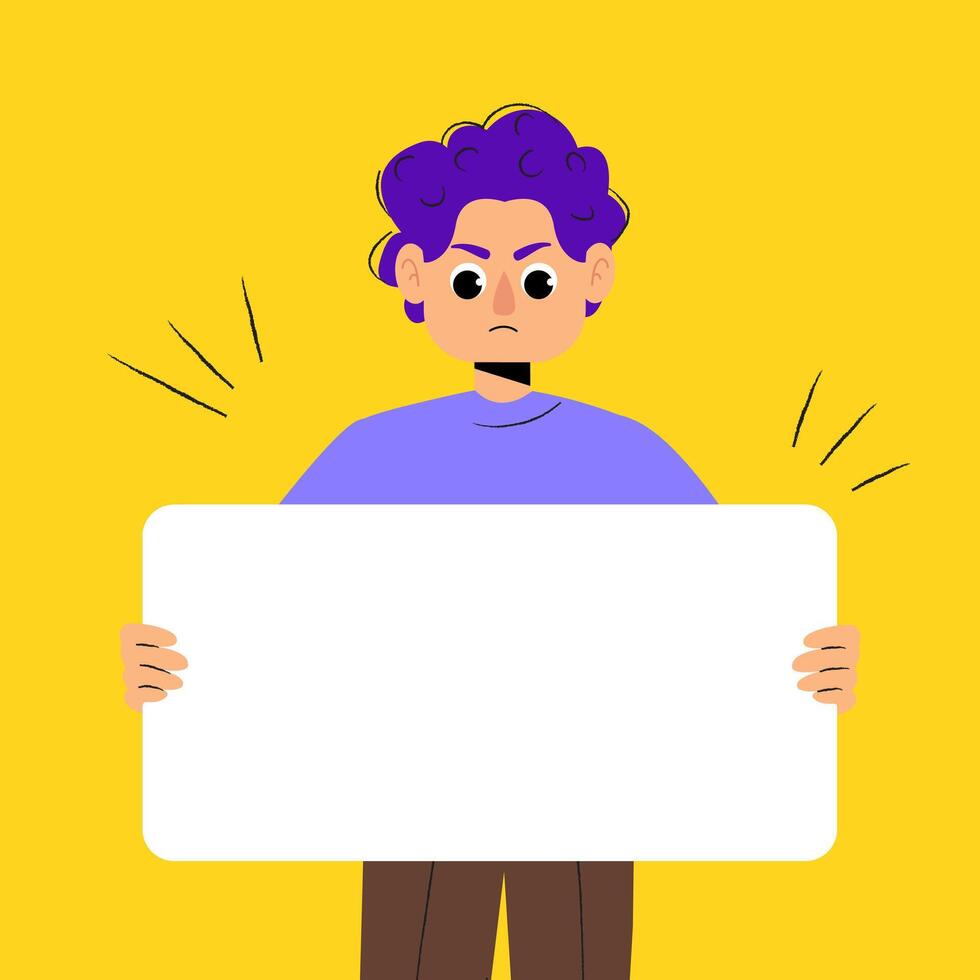 Sad angry cartoon boy holding blank notice board on bright yellow background, flat design vector