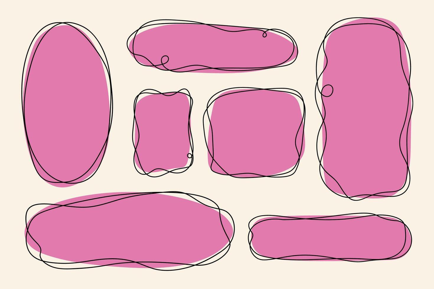 Set of organic shapes in pink color with hand drawn frame. Pink abstract freeform shapes with sketch style outline creative spots vector