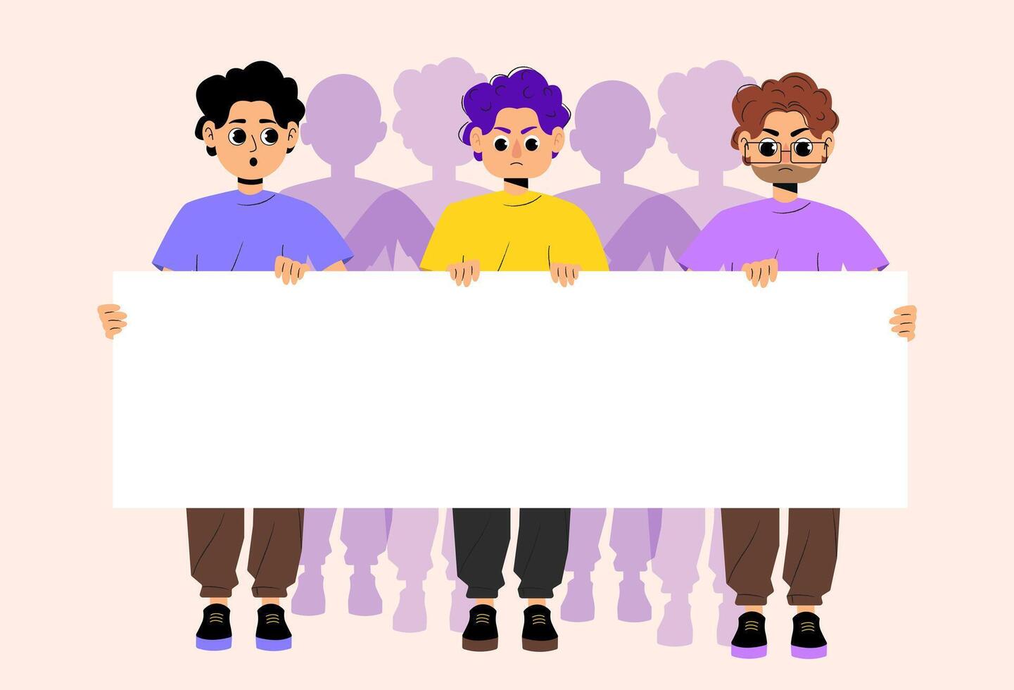 Three cartoon guys holding big blank sign with crowd silhouette behind them flat for campaign or message vector