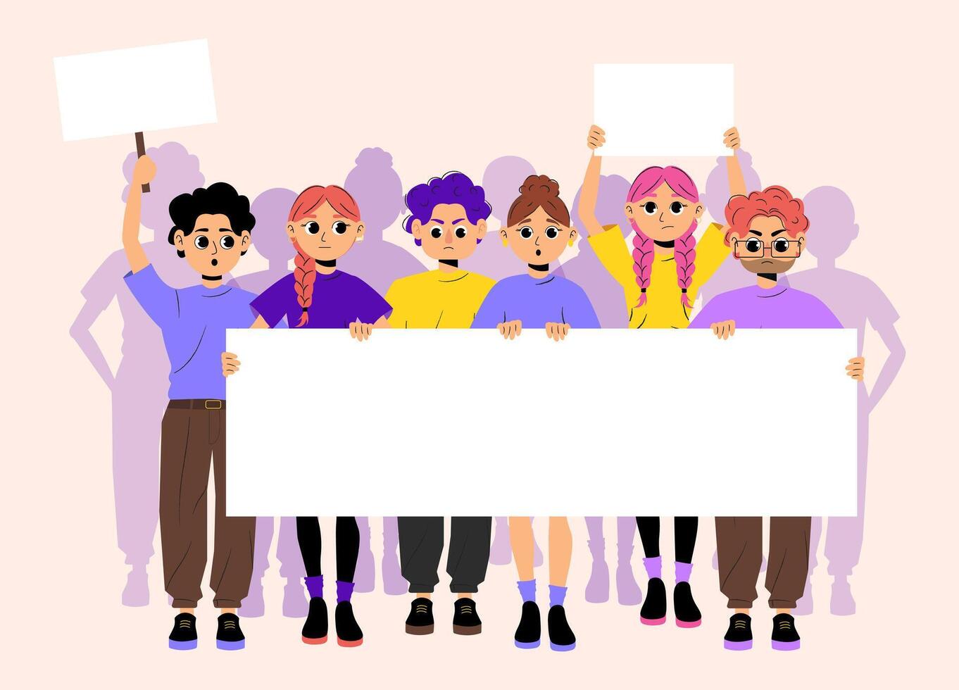 A group of people, boys and girls, holding a large blank banner with a protest announcement vector