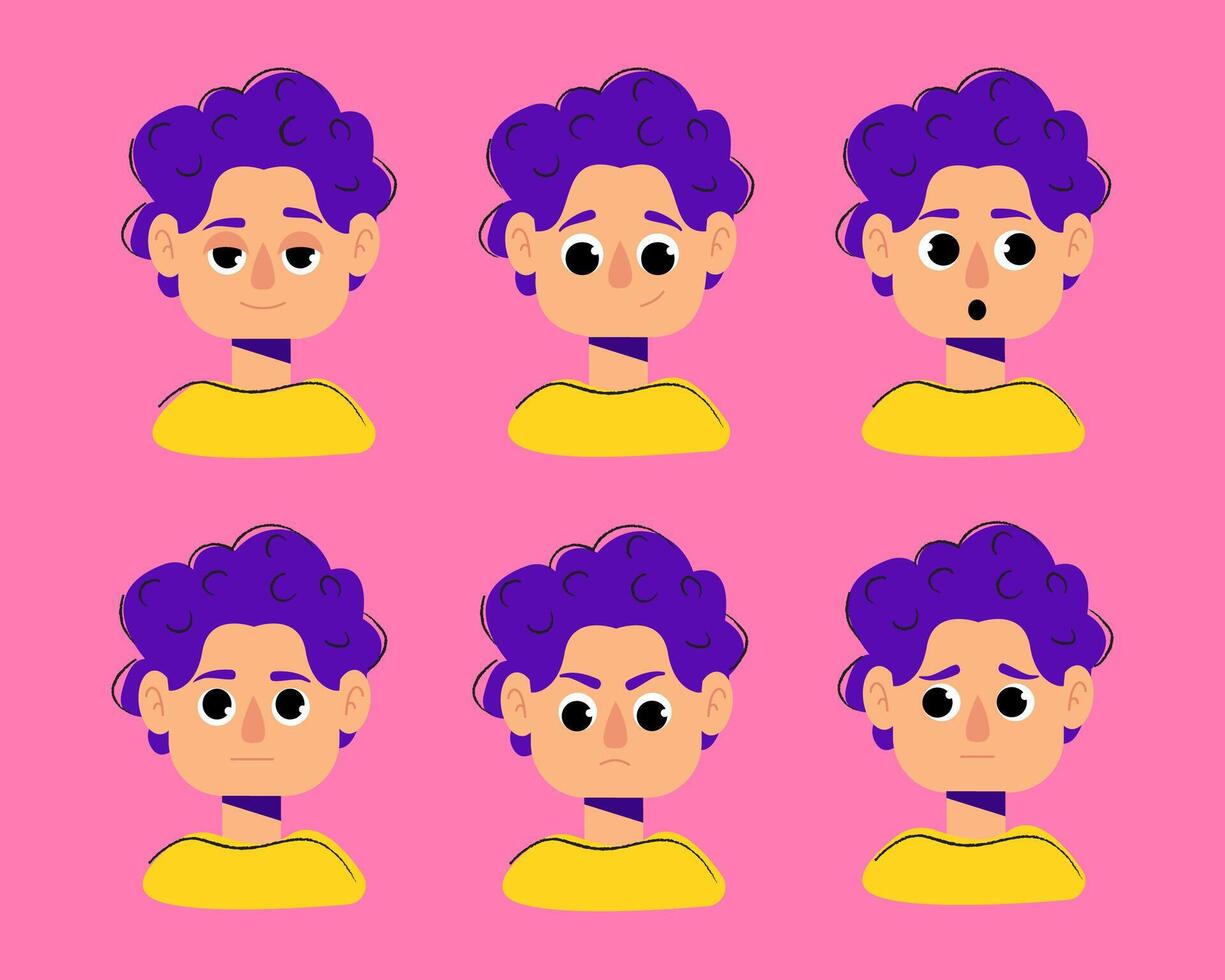 Young Cartoon Boy with Curly Purple Hair Emotions and Avatar Pack Flat Character Design for Games, Apps, UI, Chatbot, and Animation Projects Editable Faces vector