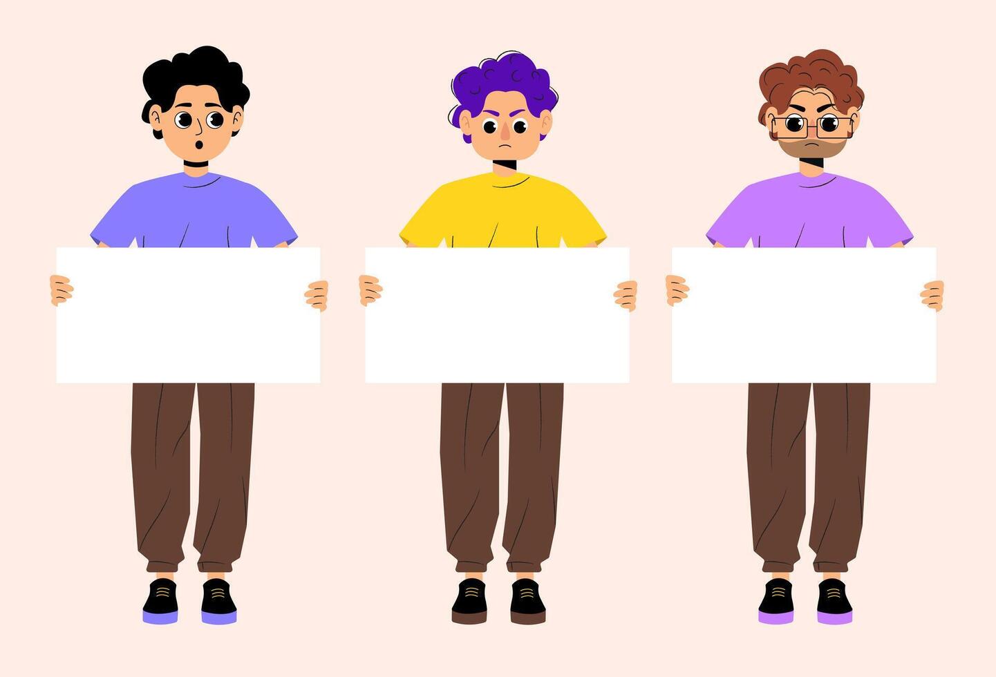 Group of guys holding white signs for messages or announcements on light background in cartoon style vector