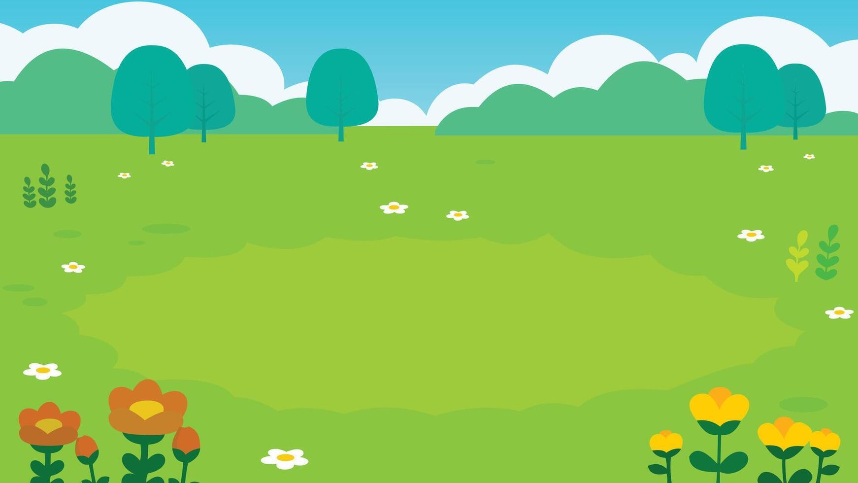 A cartoon illustration of a field with flowers and trees vector