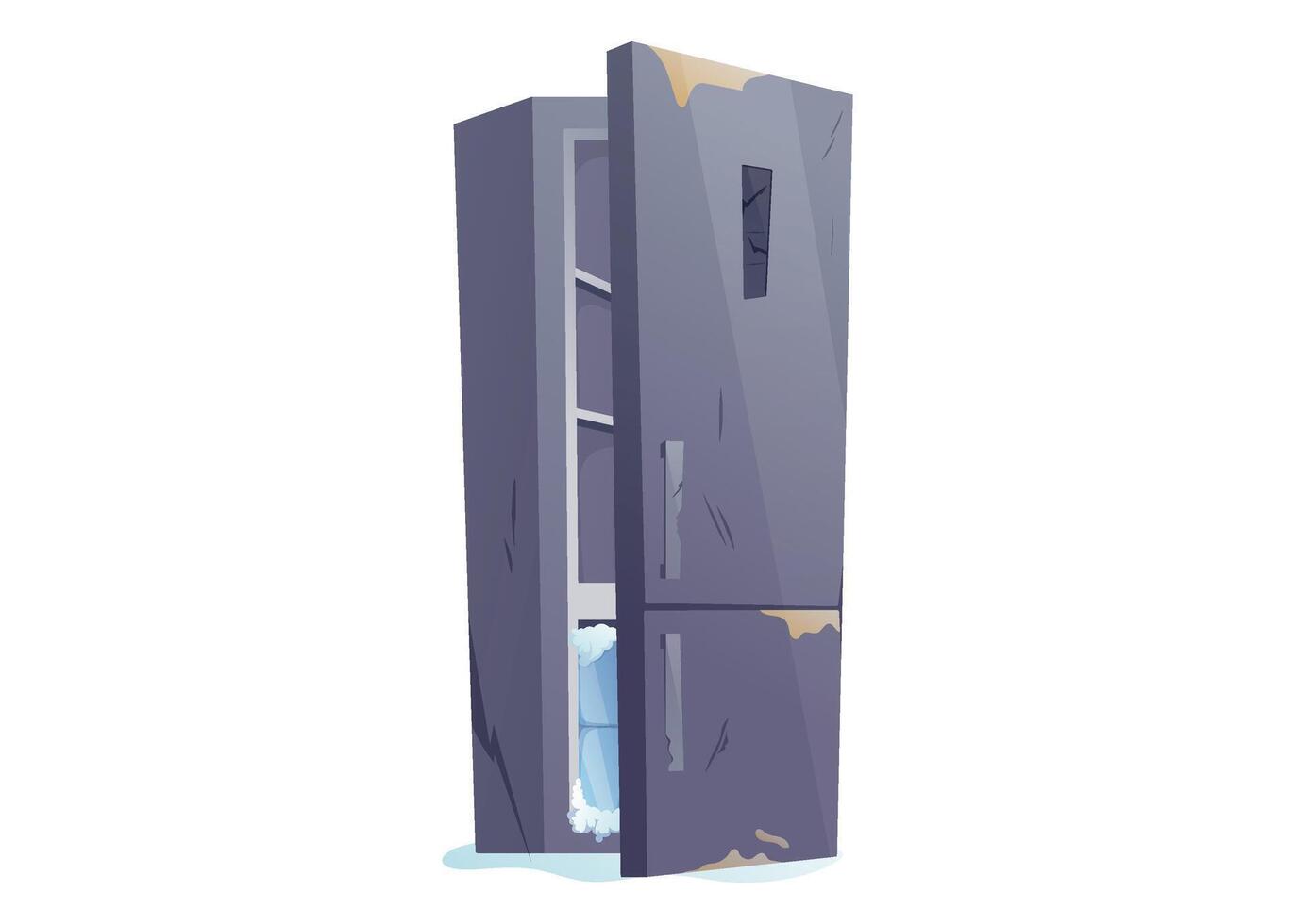 cartoon illustration of old dirty fridge with broken panel, scratches, slightly open door. Worn out refrigerator with stains and damage, for game backgrounds, or abandoned interiors. vector