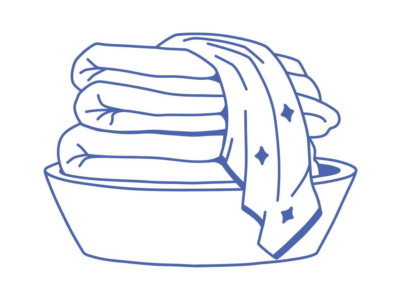 Hand drawn blue line art of folded towels in a bowl with cloth and sparkles. Clean laundry or cozy home decor element. Minimal isolated illustration on white background. vector