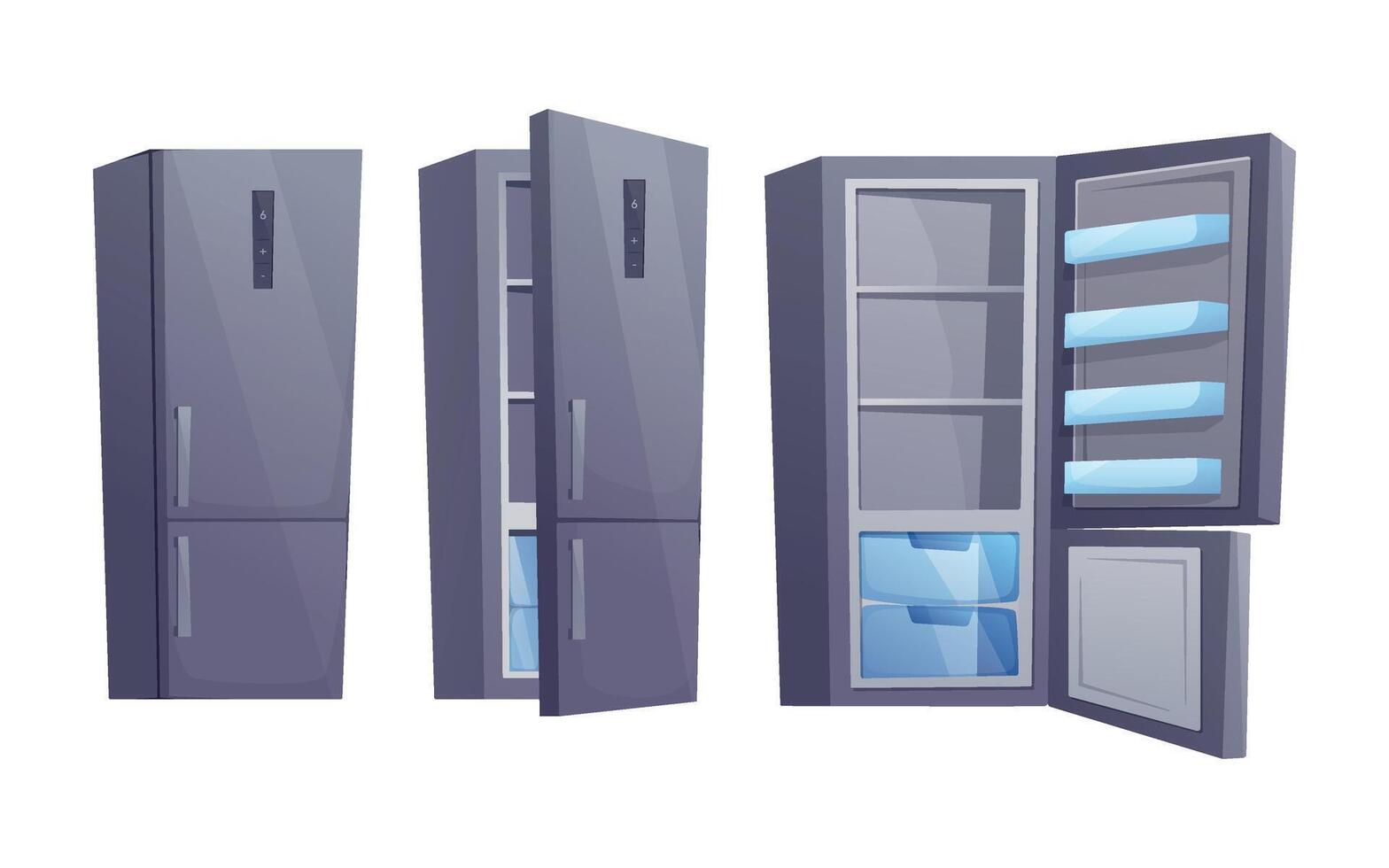 Modern Cartoon isolated Refrigerator Set, Closed, Half-Open, and Open Views of a Clean Metallic Kitchen Fridge with Interior Shelves and Freezer vector