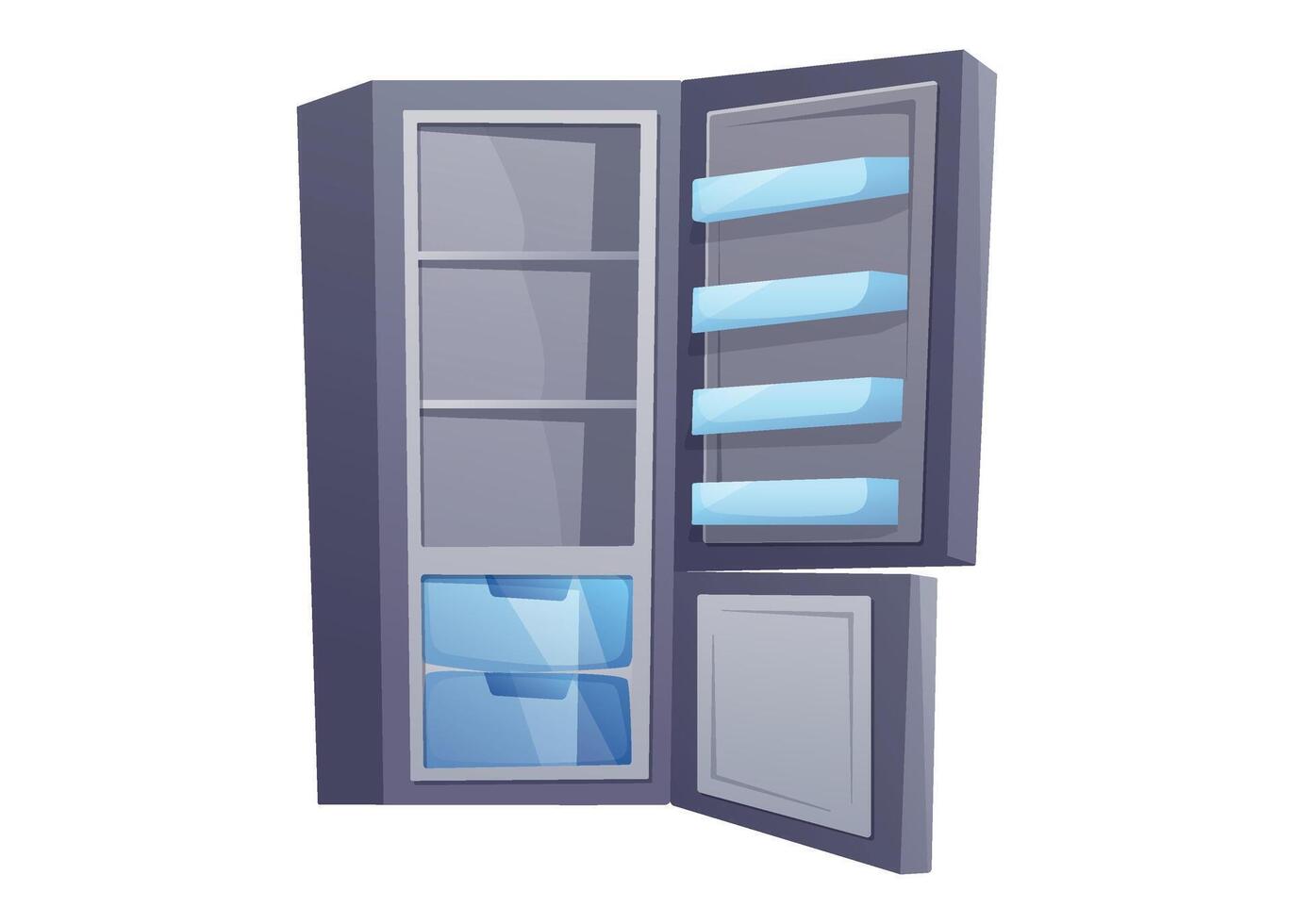 Cartoon isolated illustration of an open empty fridge. Modern side by side refrigerator with shelves and drawers, perfect for kitchen designs, games, or educational materials. vector