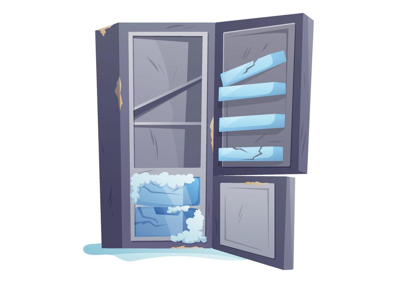 Cartoon of Old Refrigerator with Rust Stains, Broken Shelves, Ice Buildup and Scratches. Damaged Kitchen Appliance isolated Illustration vector