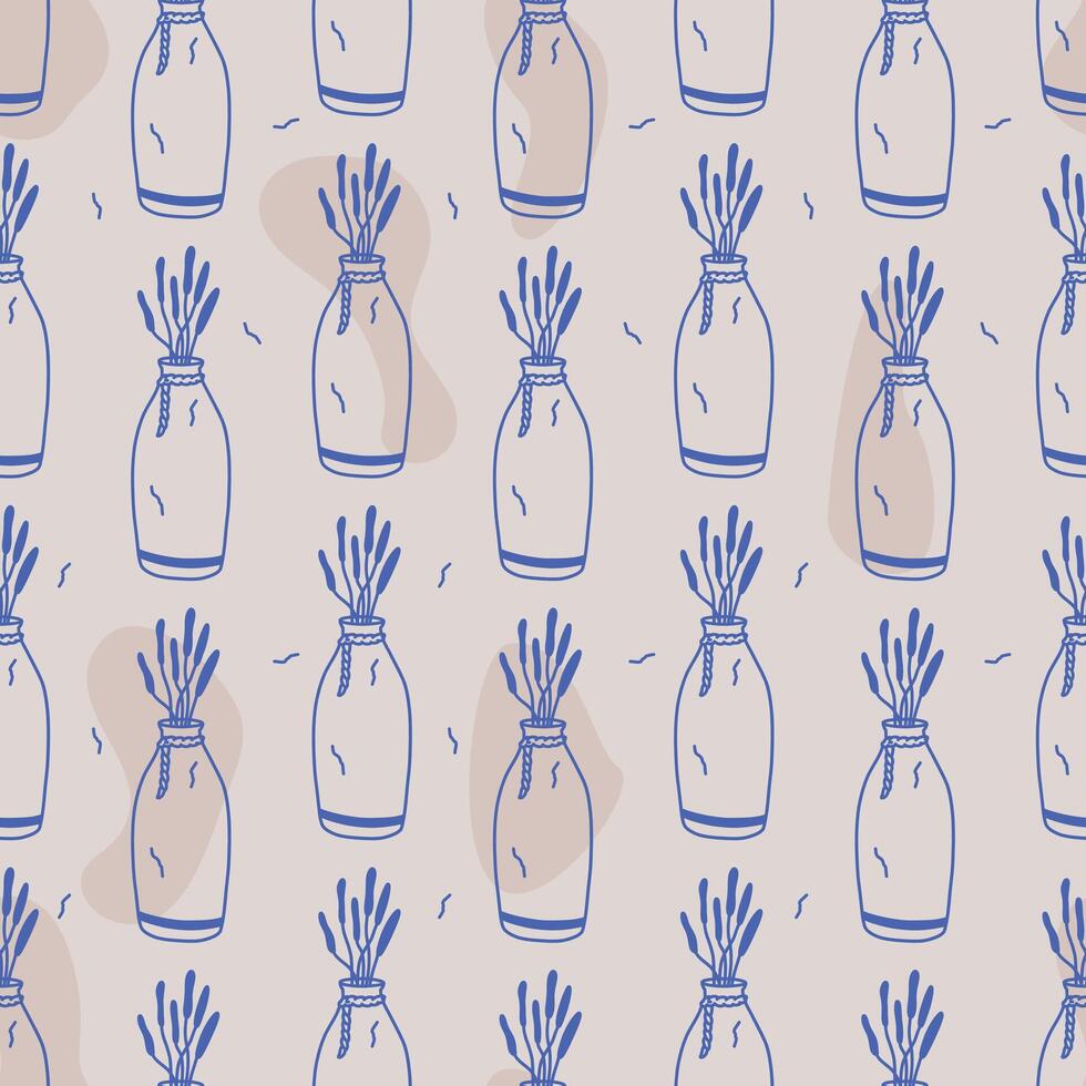 Minimal doodle hand drawn seamless pattern, decorative vase with cattail plants. Simple boho home decor element for interior design, posters, cards, or digital use. vector