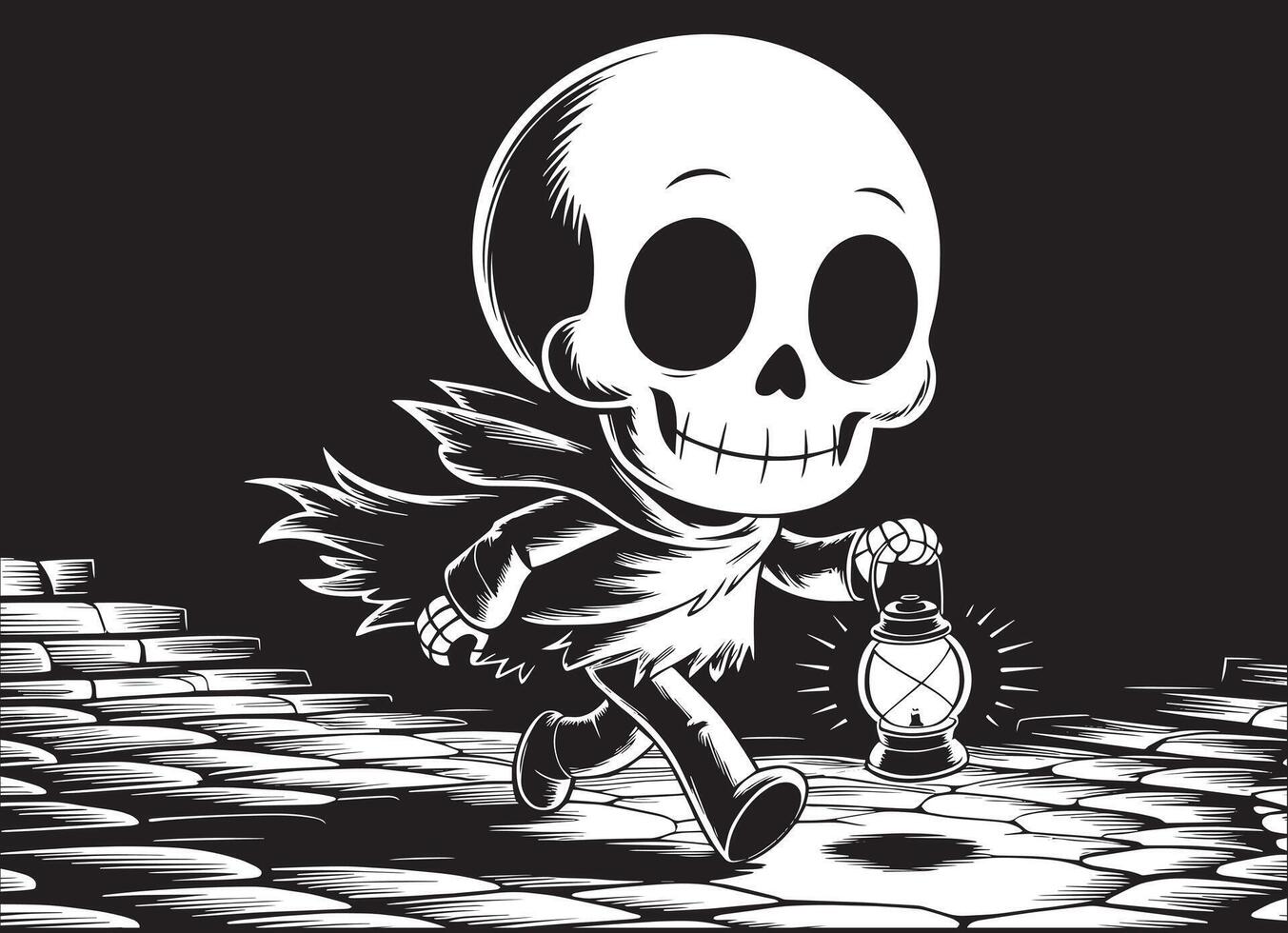 A smiling skeleton illustration captured mid step. vector
