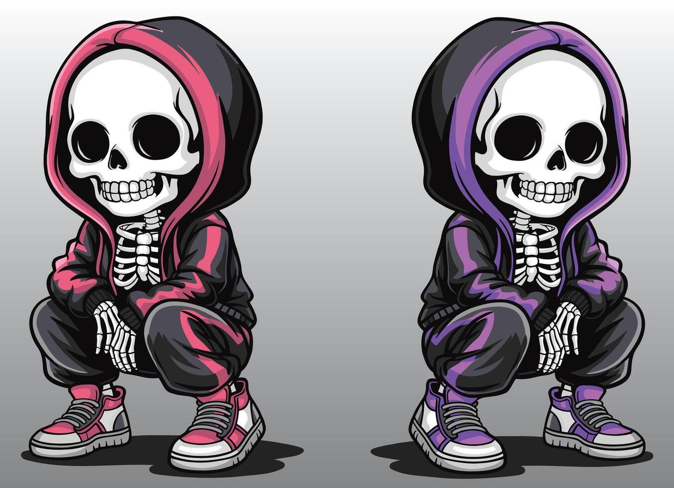 A cute girl skeleton wearing a hoodie in a crouching position. vector