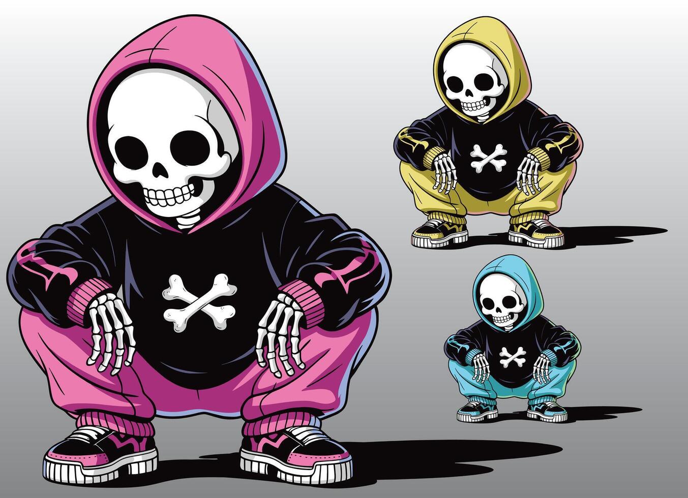 An adorable skeleton wearing a hoodie in a crouching pose. vector