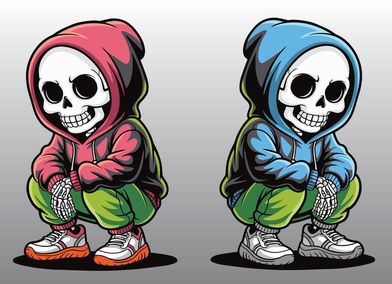 Cute skeleton in a crouching position and smiling. vector