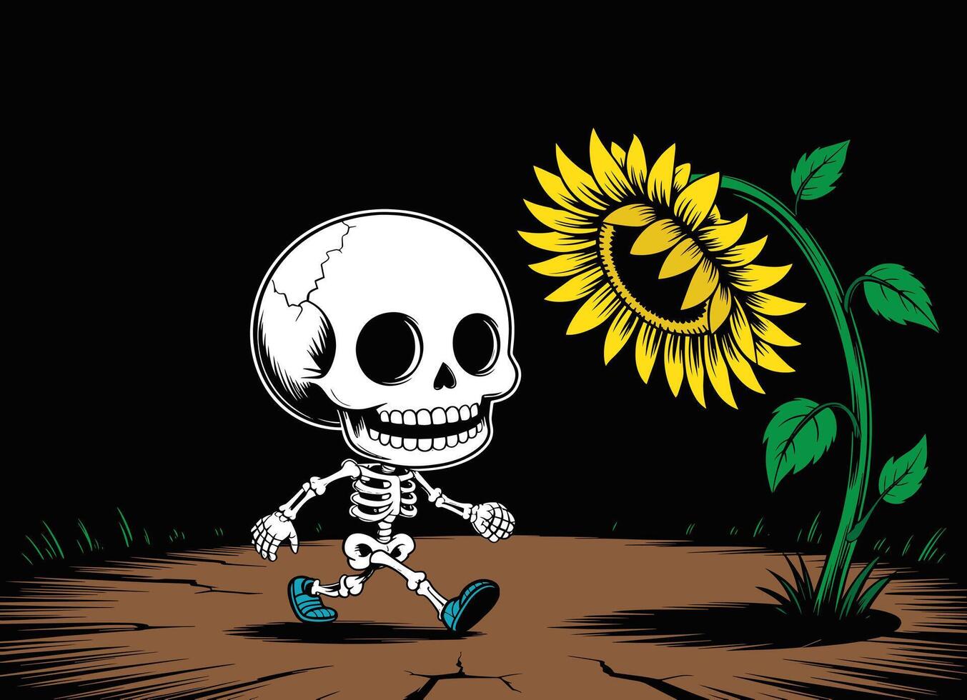 Cartoon style skeleton with a smile walking confidently. vector