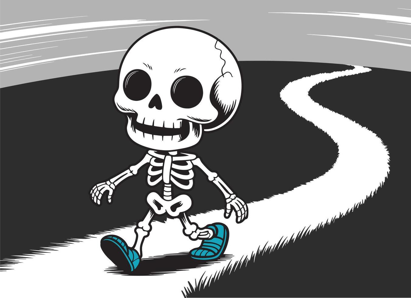 A happy skeleton illustration taking a stroll with a smile. vector