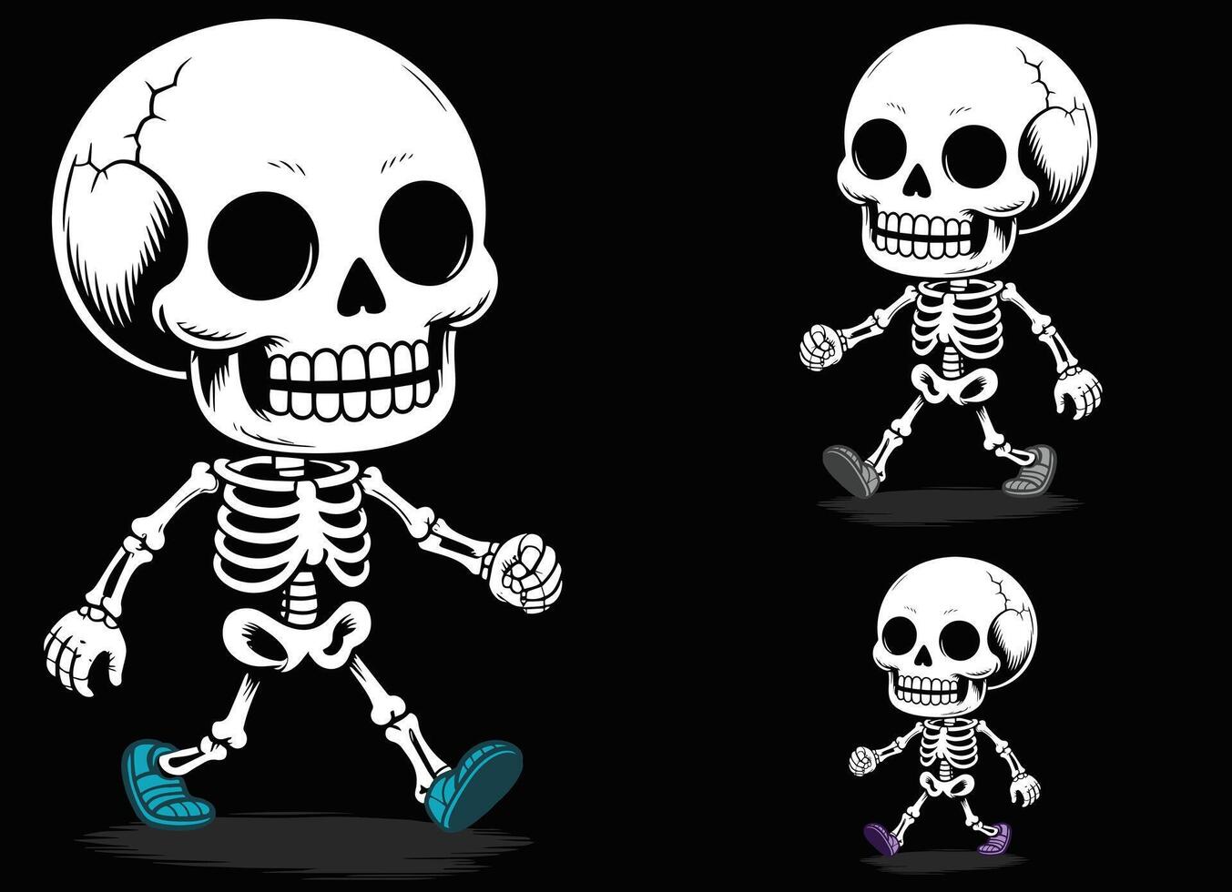 A skeleton walking with a happy face. vector