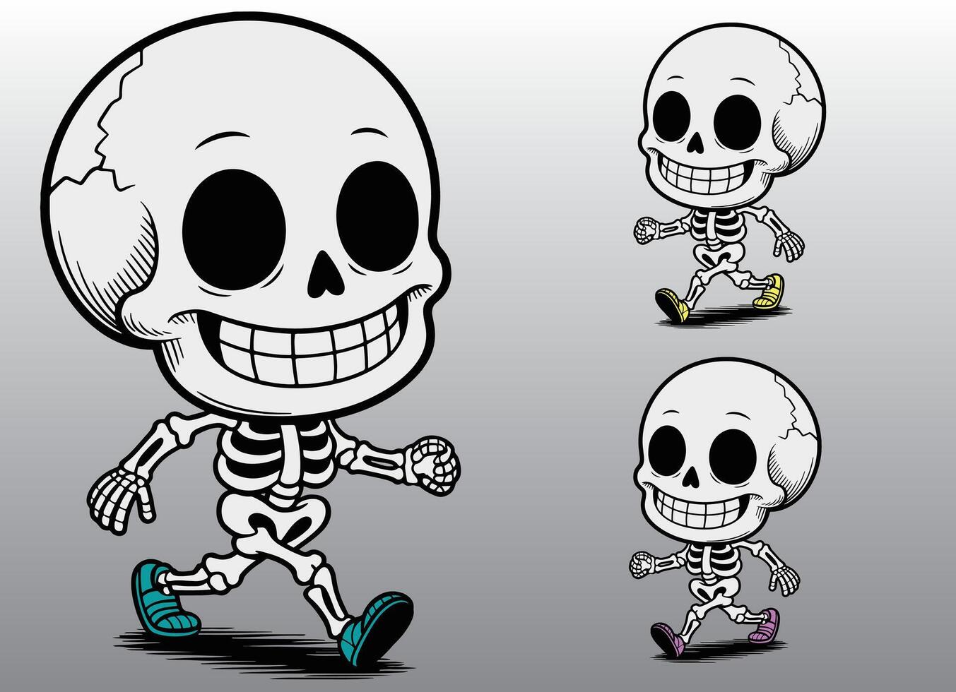 Character design of a skeleton with a smile and a steady walk. vector