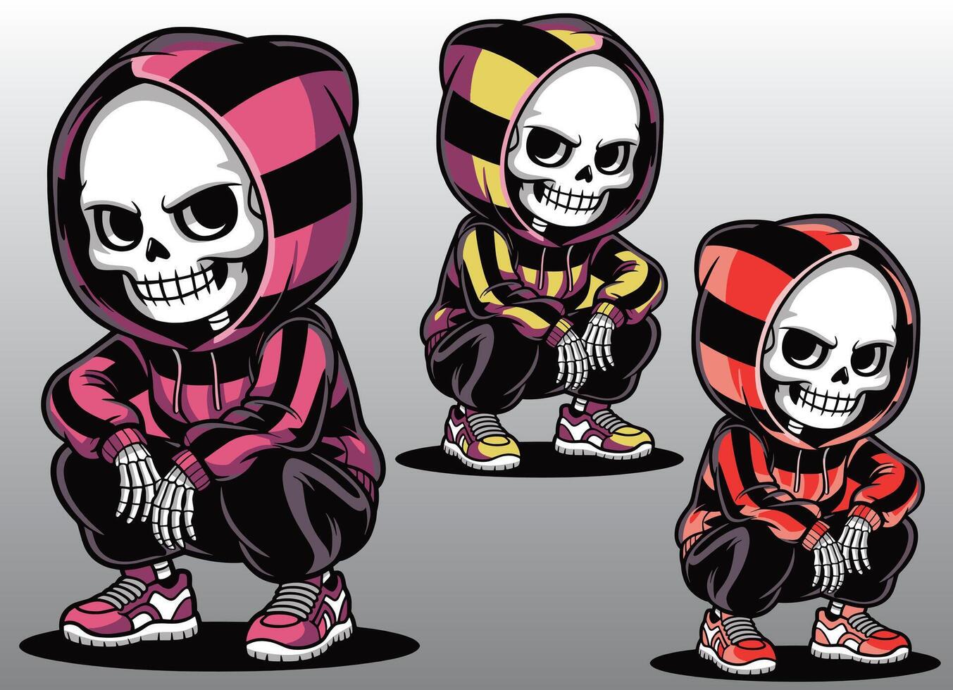 A cute girl skeleton wearing a hoodie in a crouching position with a grin on her face. vector