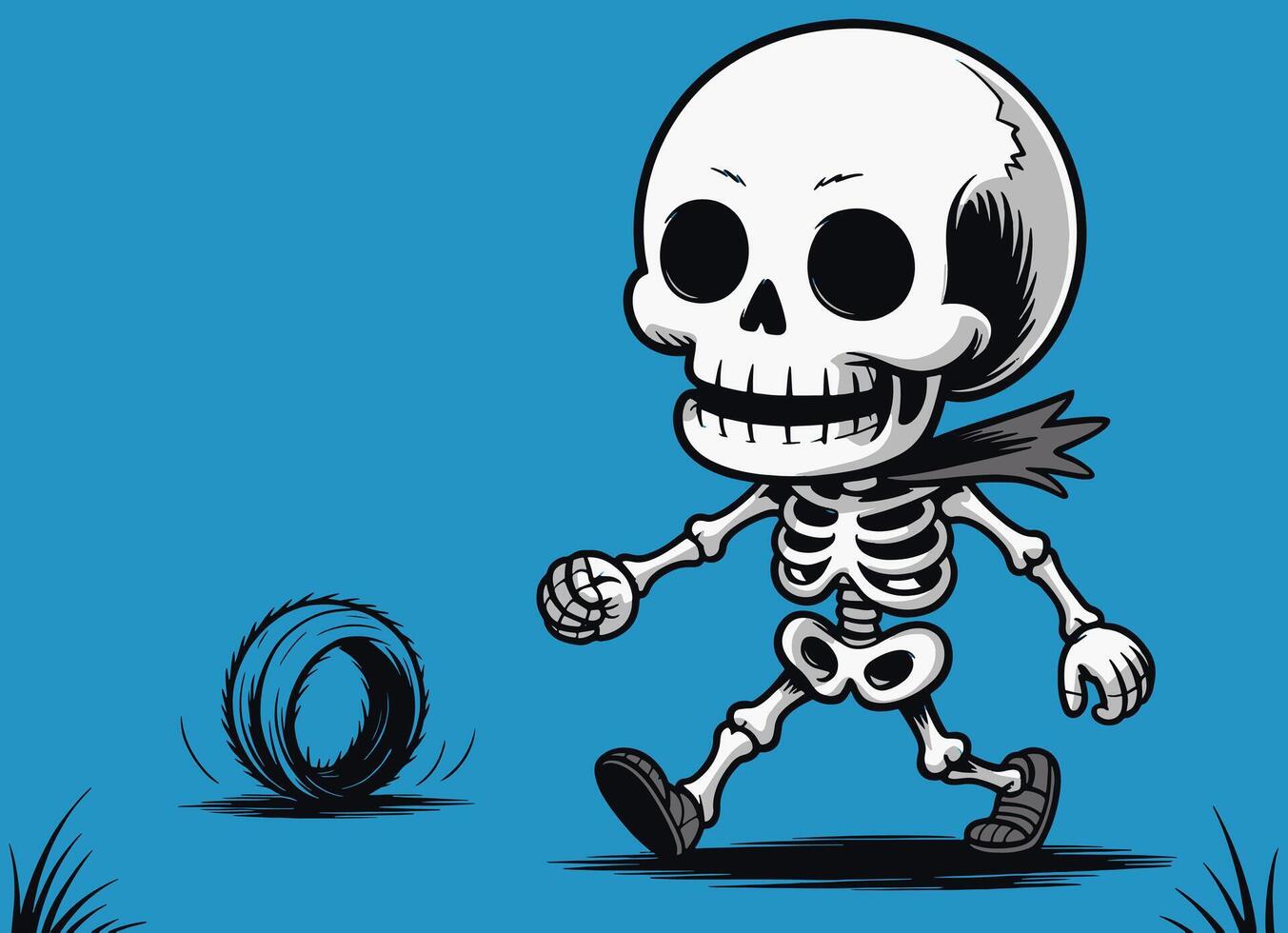 A walking skeleton shown smiling as it moves forward. vector