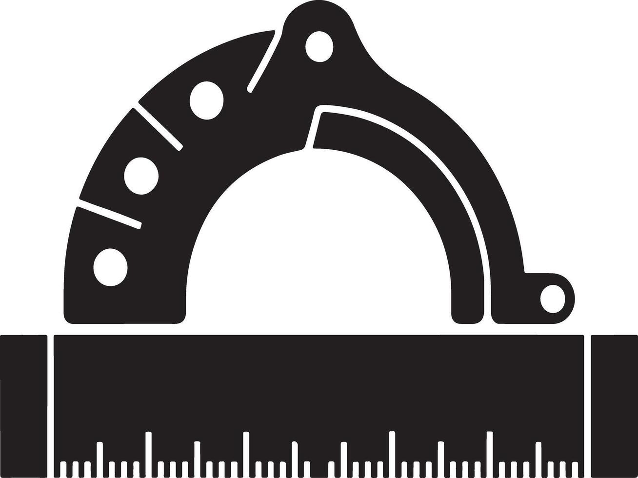 Black and white illustration of a protractor and ruler combination tool vector