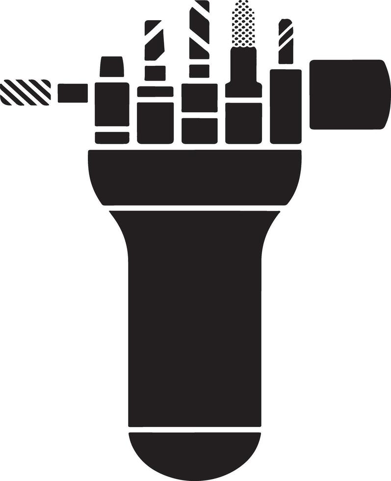 A black and white illustration of a rotary tool bit set in a case. vector