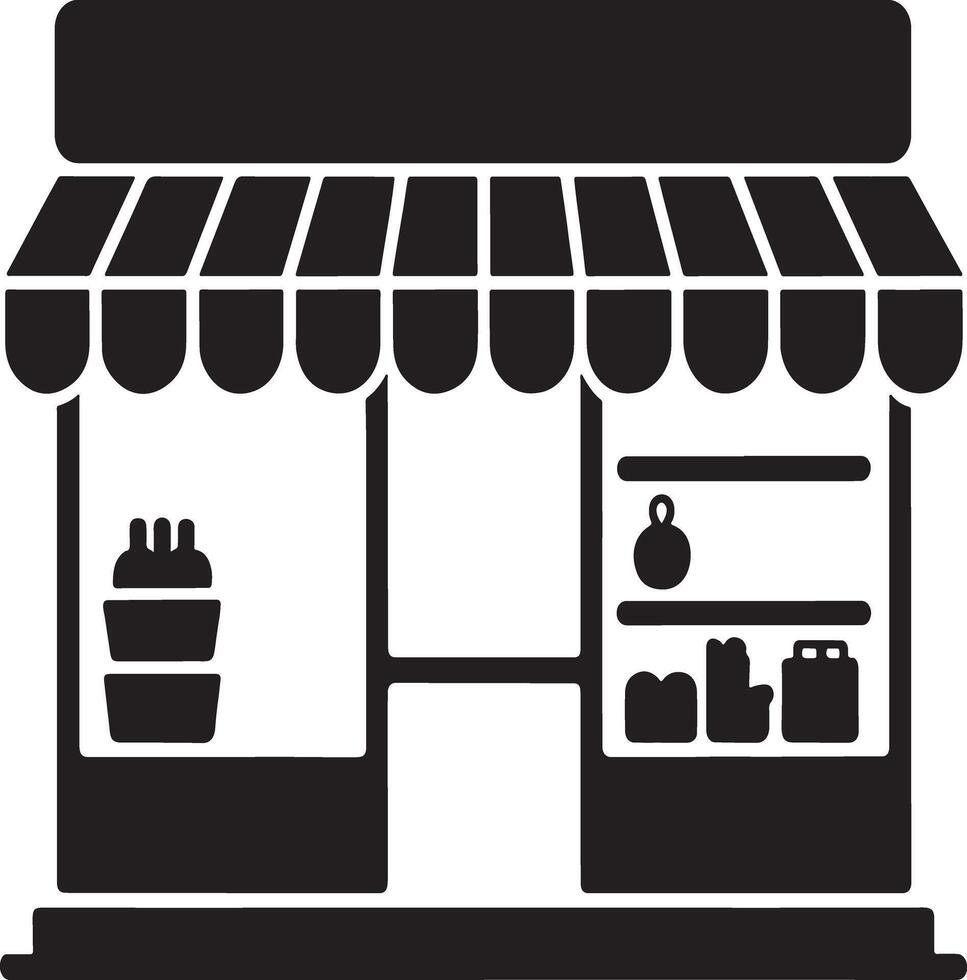 Simple black and white icon of a small store with awning. vector