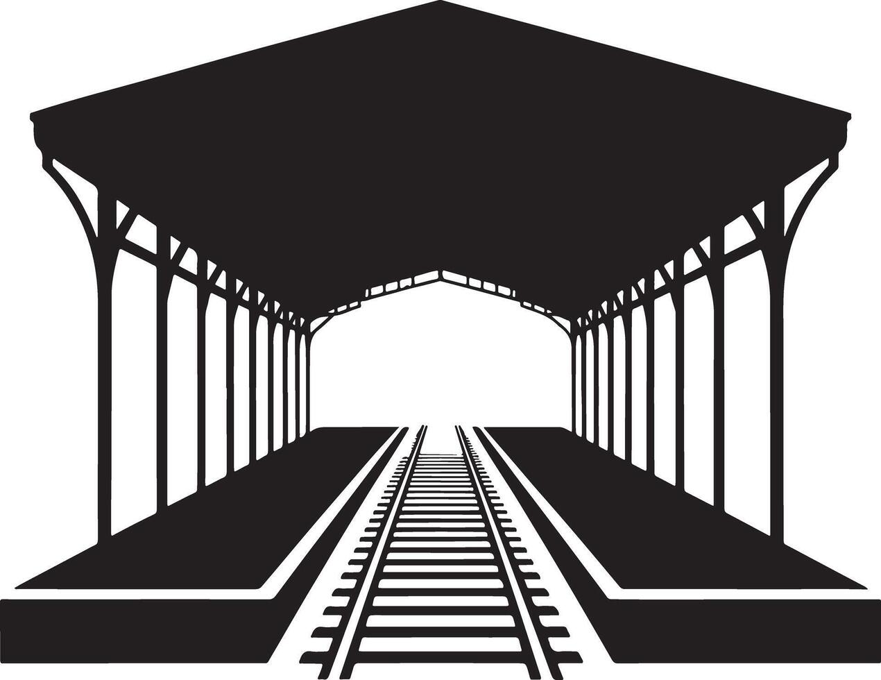 Black silhouette of train station platform and tracks. vector