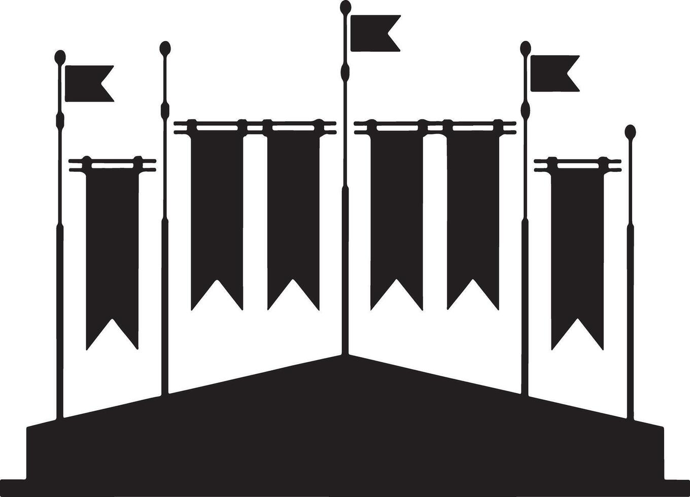 Black and white silhouette of a stage with flags and banners. vector