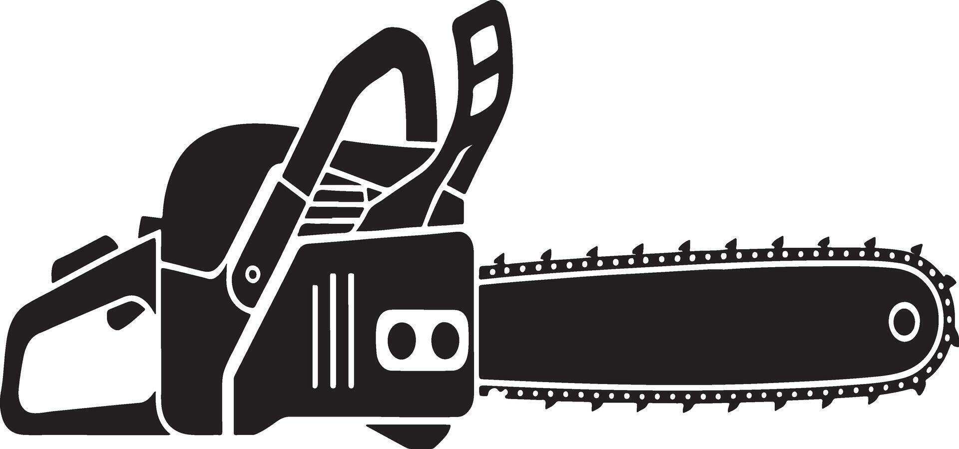 A black and white silhouette illustration of a chainsaw power tool for cutting wood vector