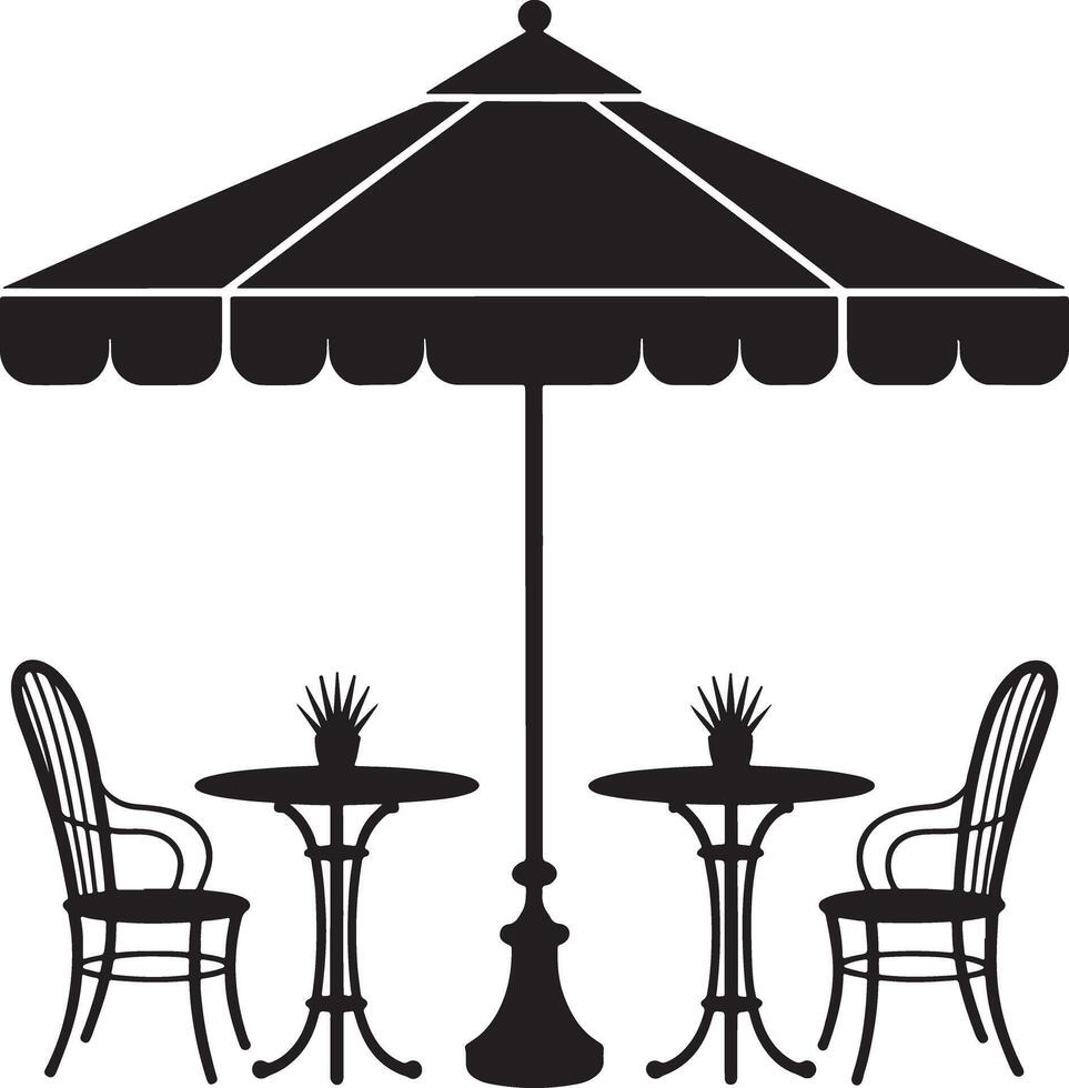 Black and white silhouette of a cafe table set underneath a parasol. vector