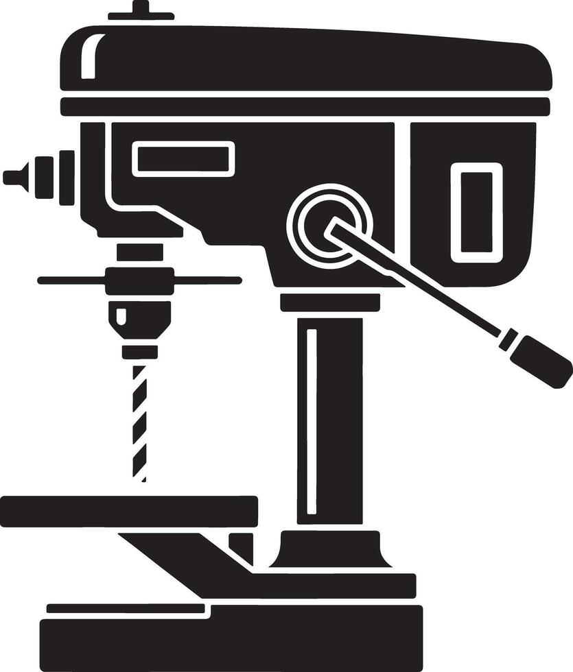 Black and white illustration of a bench drill press machine for woodworking and metalworking vector