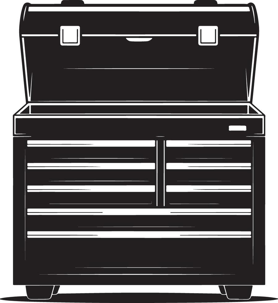 Open black tool chest with multiple drawers and a top compartment vector