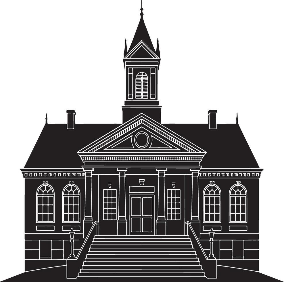 Black and white silhouette of a grand building. vector