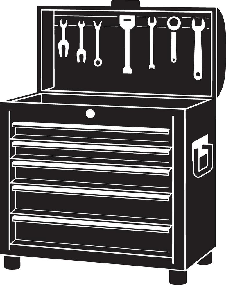 Black and white illustration of a mechanic s tool chest with open lid and various wrenches vector
