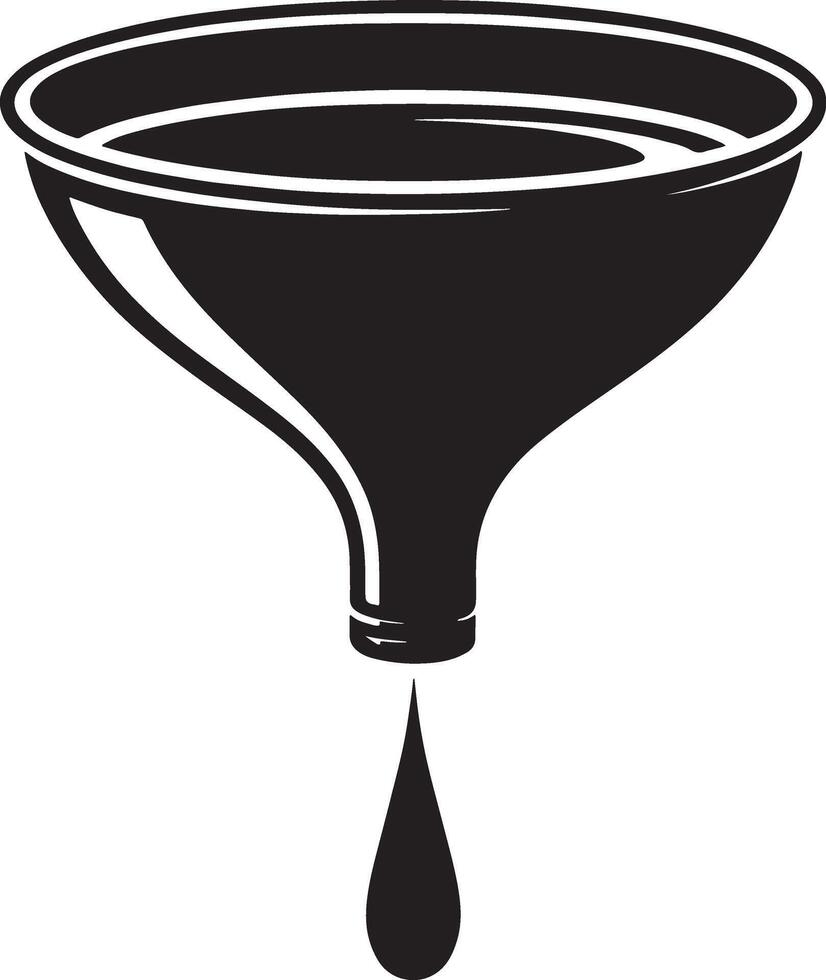 A black and white illustration of a funnel with a single droplet falling from its spout vector