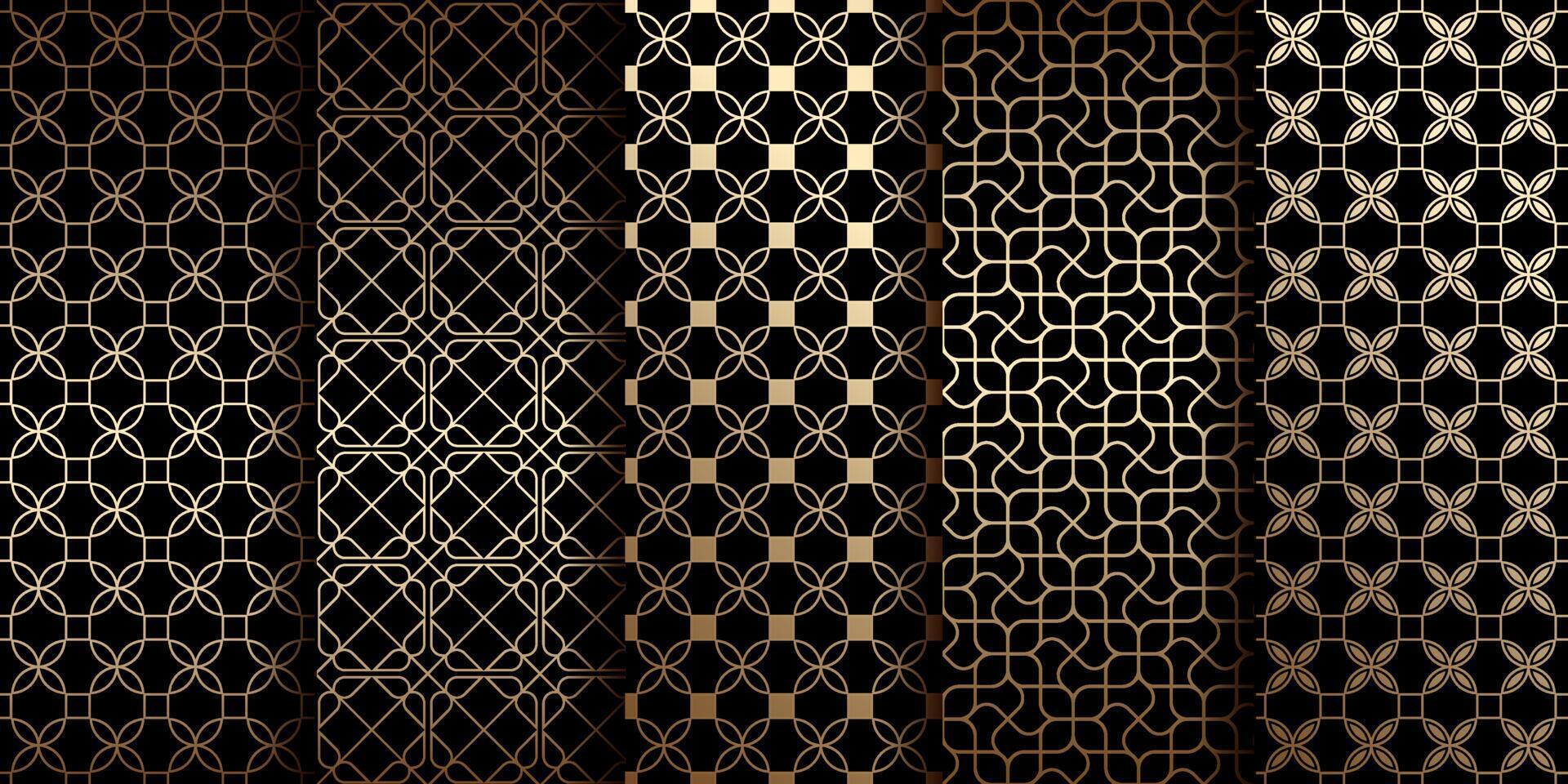 Golden oriental seamless patterns with stylized flowers vector