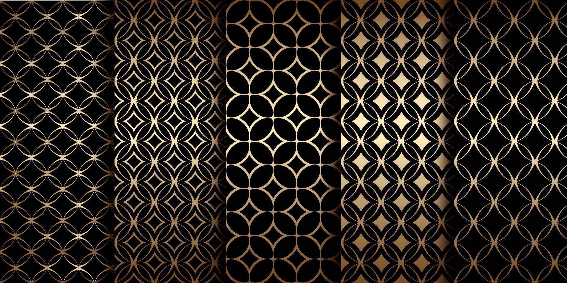 Golden geometric seamless patterns with round linear shapes, art deco motif vector