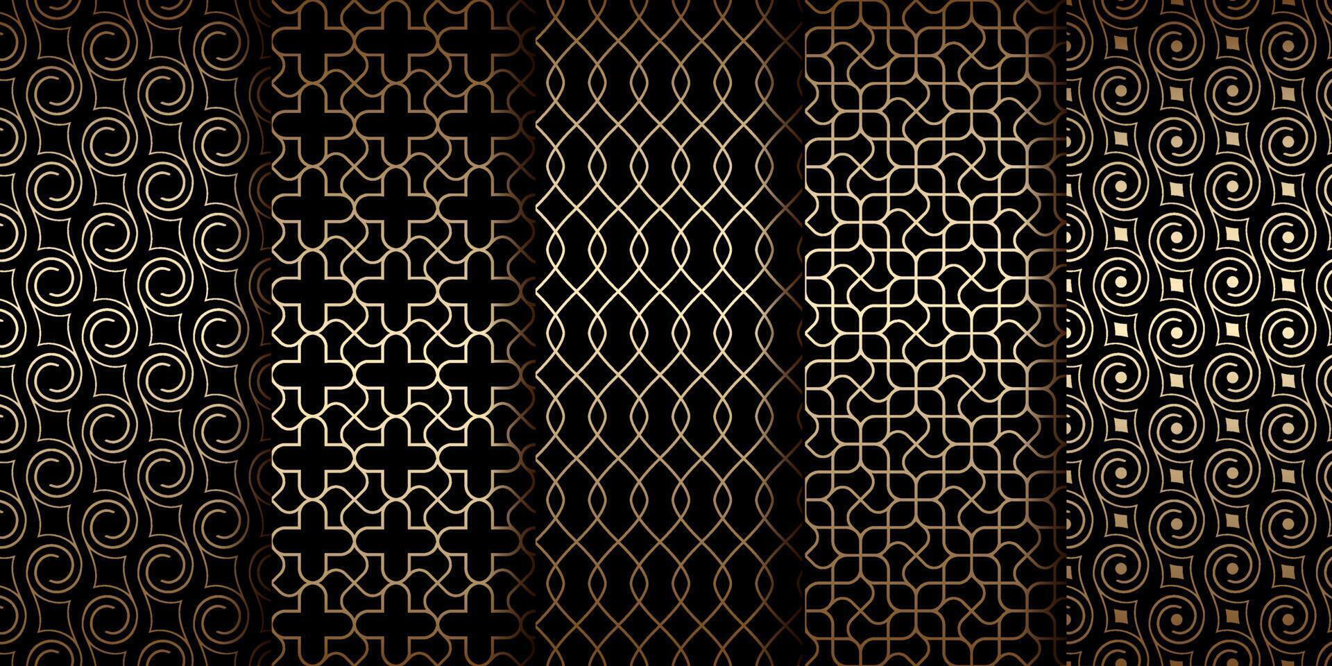 Golden oriental seamless patterns with swirls and curved lines vector