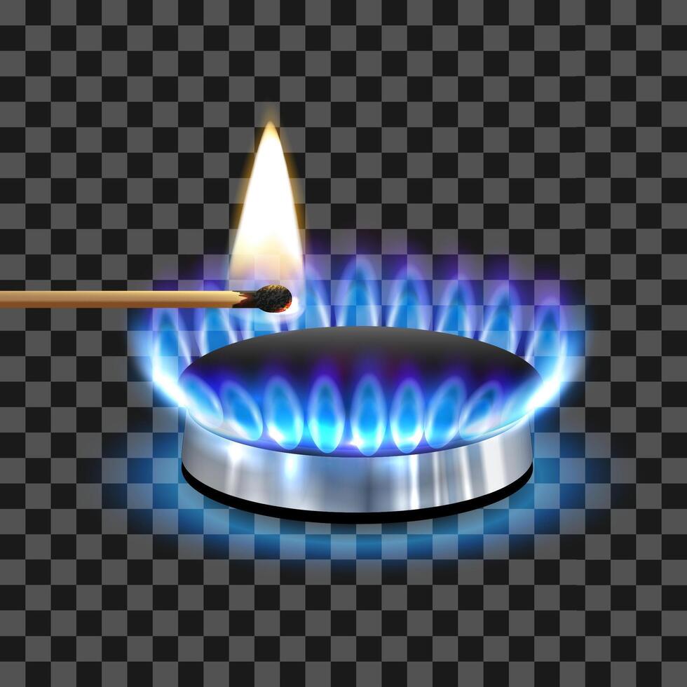 Gas flame, gas burner with match stick burning vector